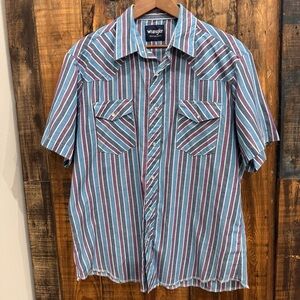 Vintage Wrangler Shirt Mens Large Striped Pearl Snap Short Sleeve Western Rodeo